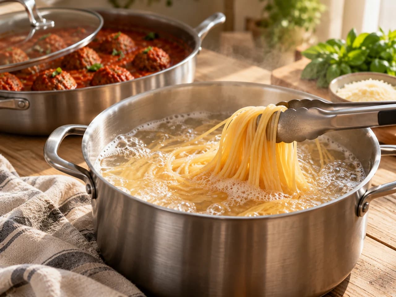 Eine Zange hebt Spaghetti in einem Topf mit kochendem Wasser, im Hintergrund die Pfanne mit Bällchen in Soße.