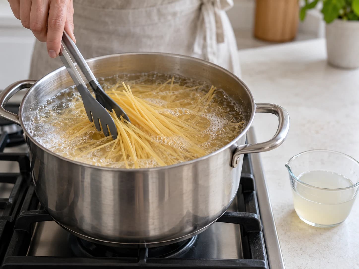 魚介とトマトソースのスパゲッティ: パスタをゆでて湯を取り分ける