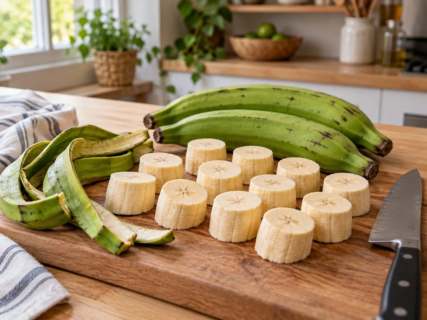 Patacones con hogao: pela y corta el plátano