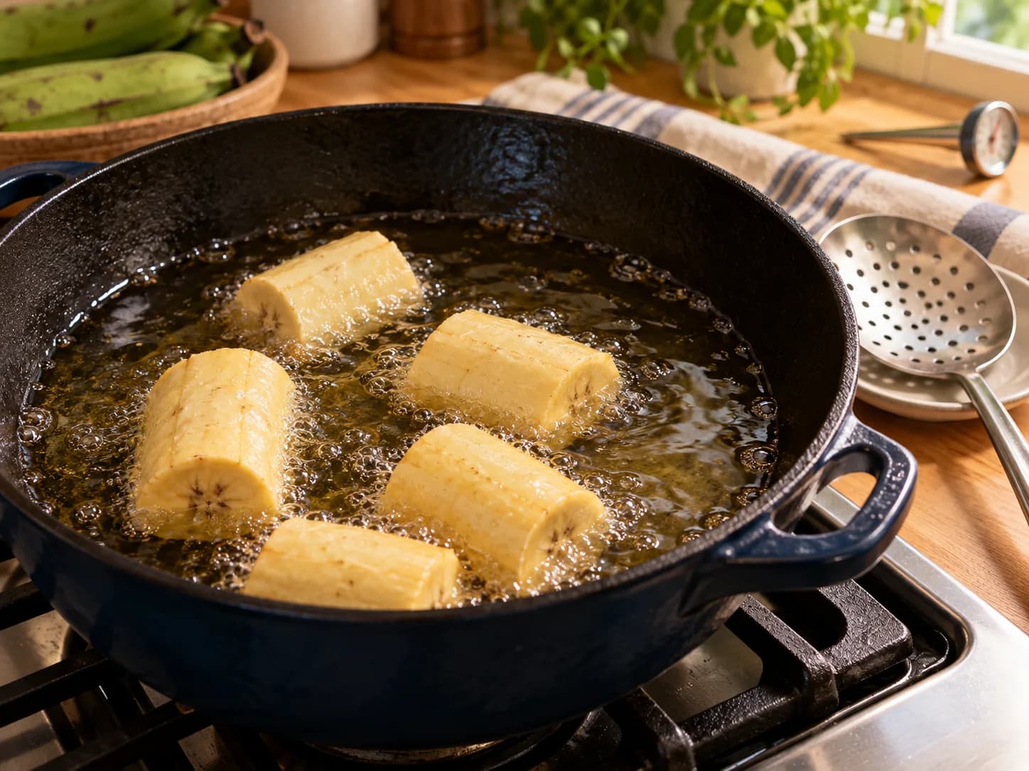Patacones con hogao: fríe los trozos una vez