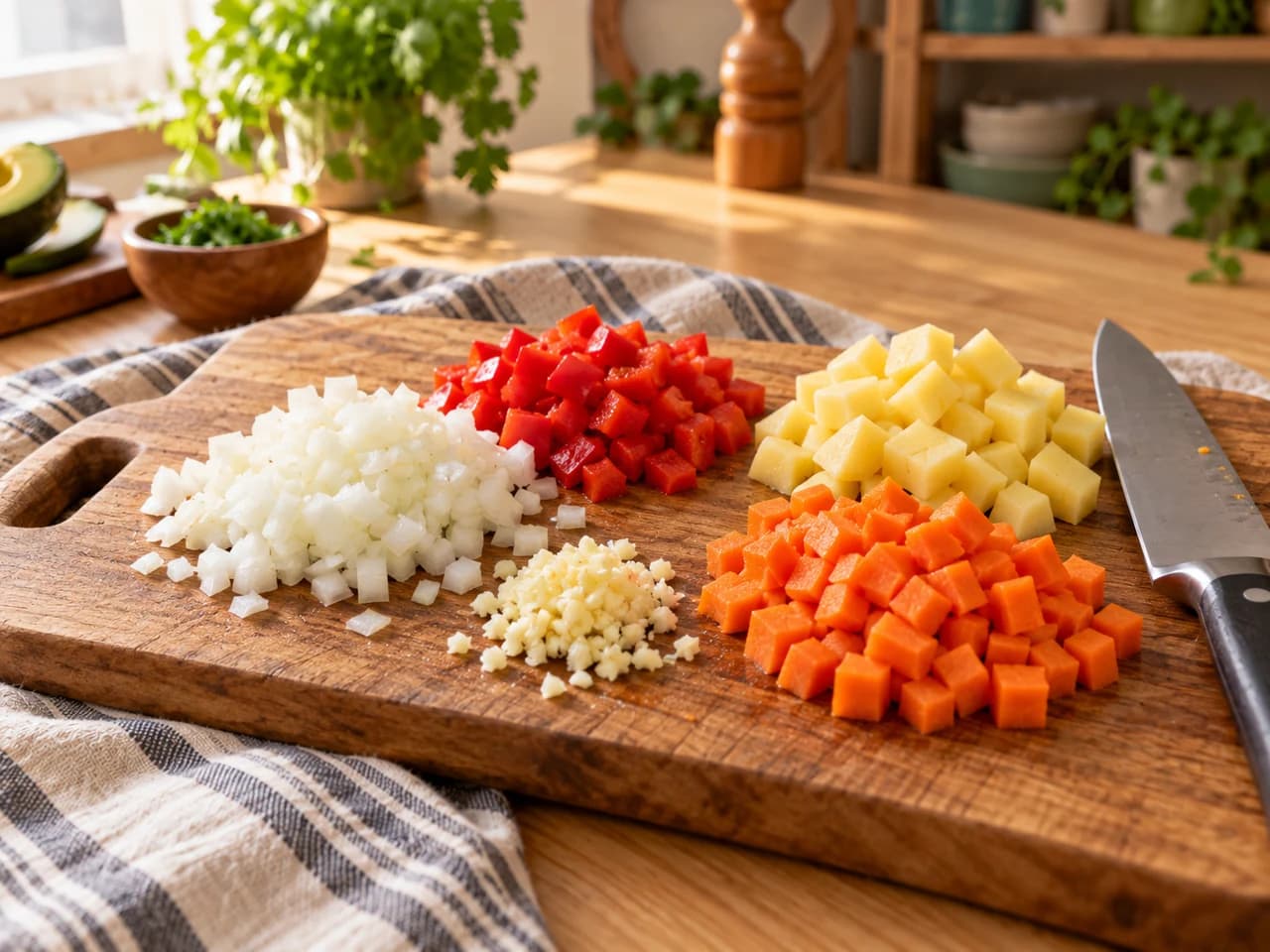 Tabla de madera con montoncitos de cebolla picada, ajo, pimiento rojo, papa y zanahoria en dados, con un cuchillo de chef al lado.
