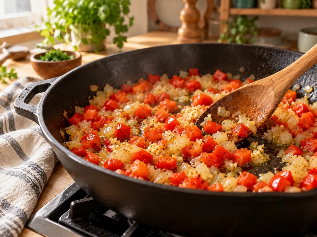 Sartén de hierro con cebolla, pimiento rojo y ajo sofriéndose en aceite, removidos con una cuchara de madera.