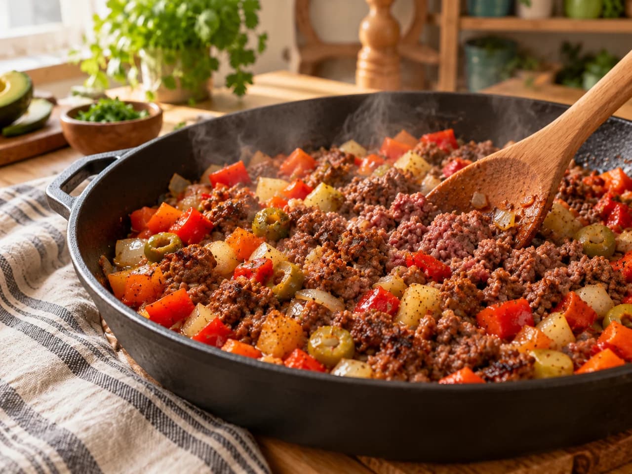 Carne molida dorándose en la sartén con el sofrito de pimiento rojo y cebolla, removida con una cuchara de madera.