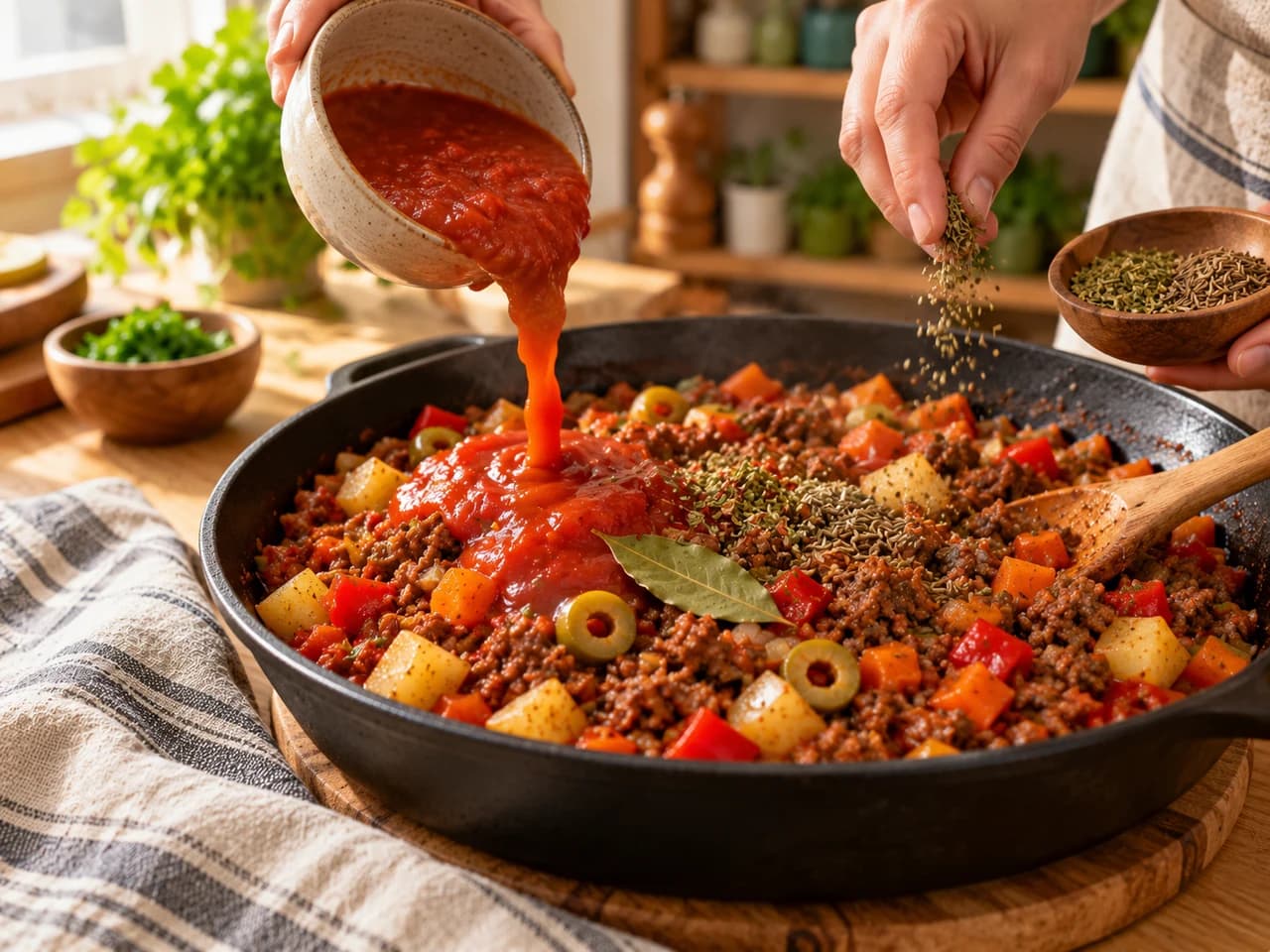 Salsa de tomate vertida desde un cuenco sobre la carne en la sartén mientras una mano espolvorea orégano, con una hoja de laurel encima.