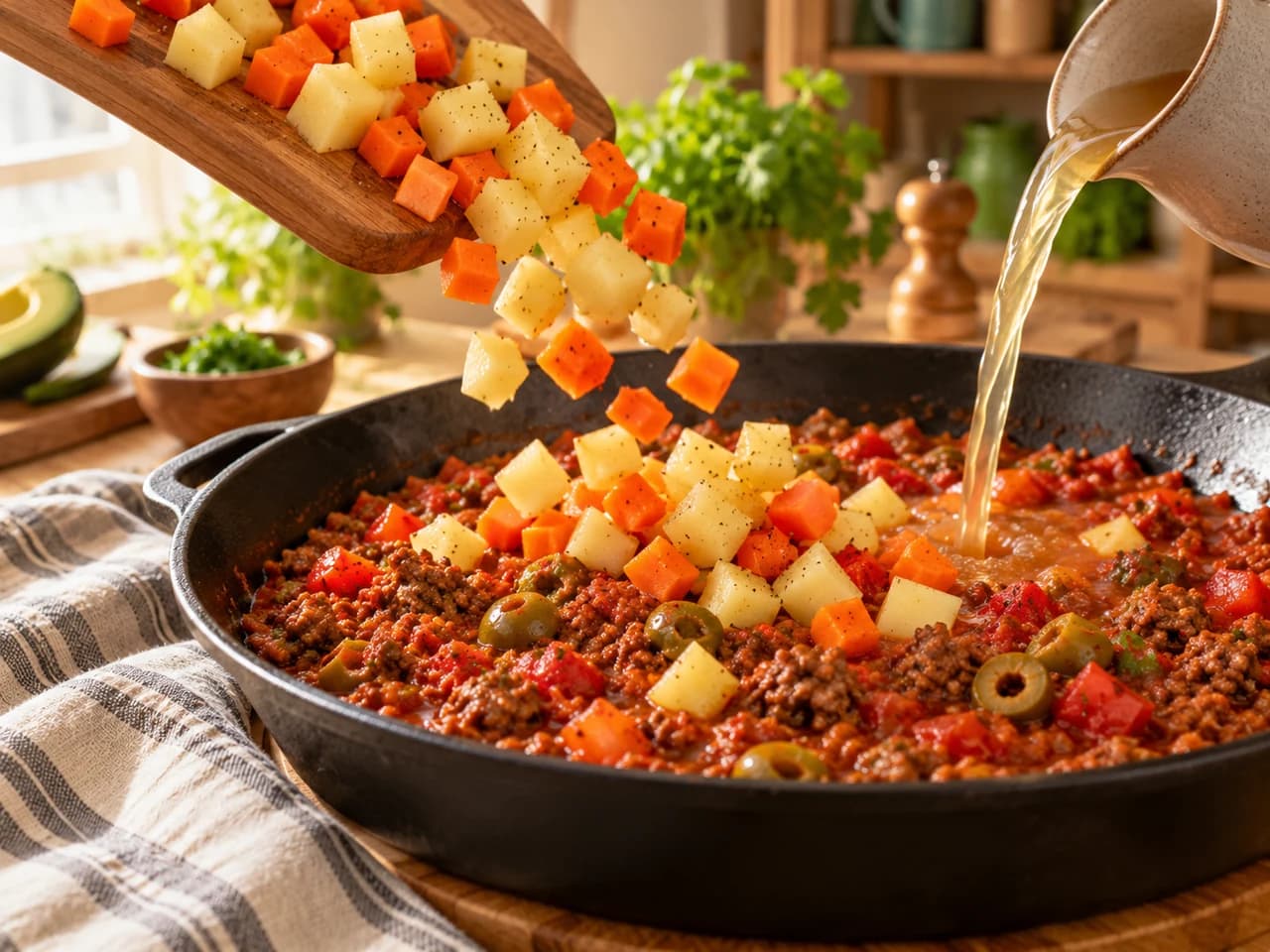 Dados de papa y zanahoria cayendo de una tabla a la sartén con la carne en salsa de tomate, mientras se vierte caldo desde una jarra.