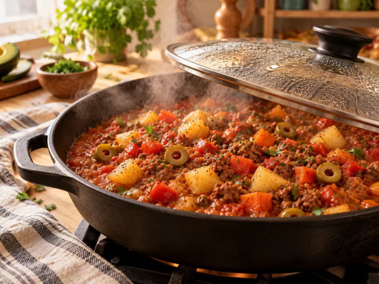 Sartén con tapa de vidrio entreabierta y vapor, con el picadillo burbujeando suavemente y papas y zanahorias tiernas.