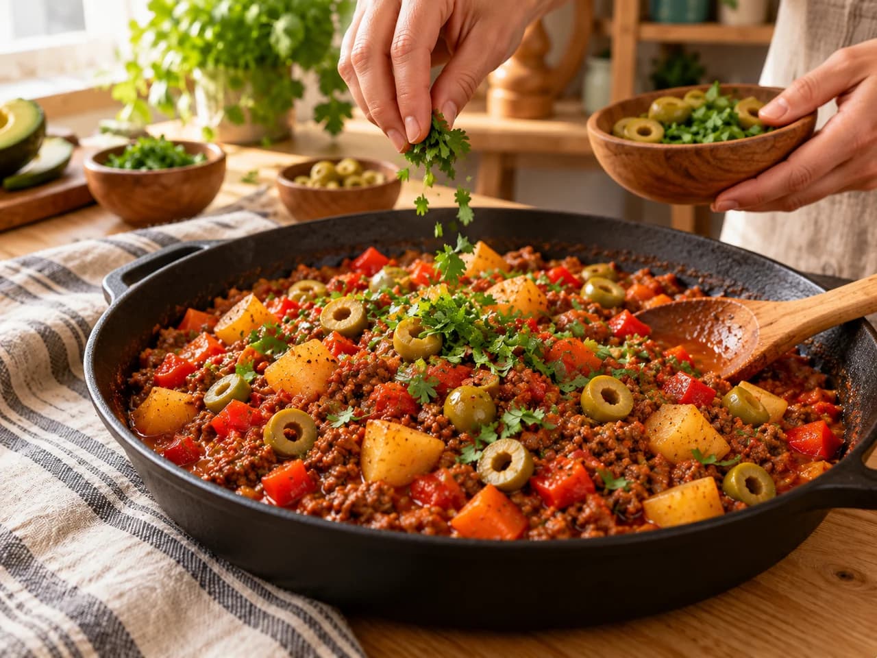 Mano echando cilantro picado sobre el picadillo espeso con aceitunas verdes en la sartén destapada, junto a una cuchara de madera.