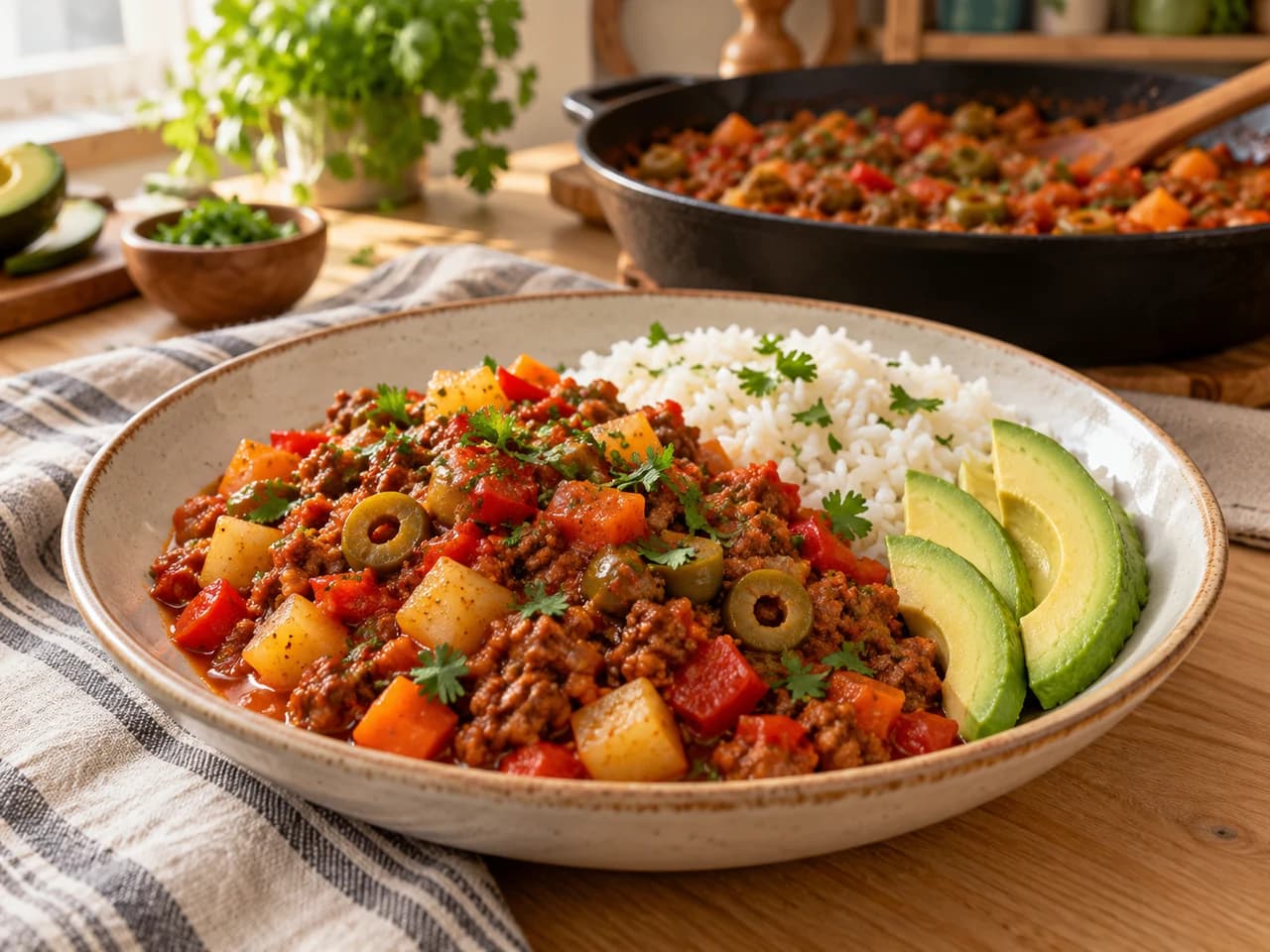 Plato hondo con picadillo de carne molida, papa, zanahoria, pimiento y aceitunas, con arroz blanco y rodajas de aguacate.