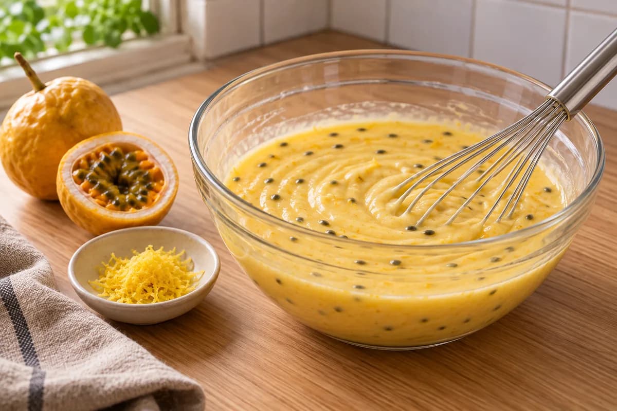 Passion fruit pulp, condensed milk and eggs mixed together
