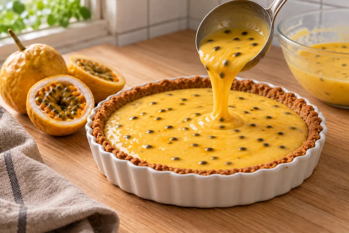 Passion fruit filling poured over the cookie crust