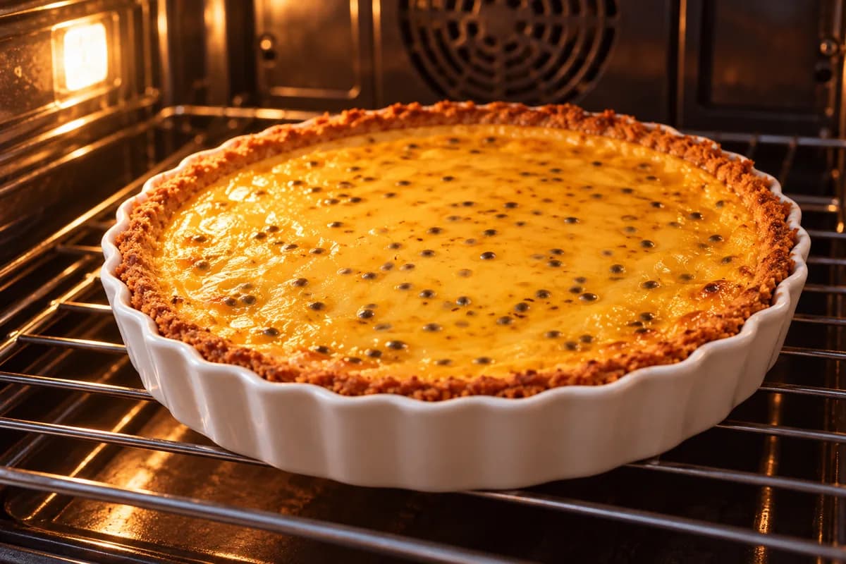 Passion fruit pie set in the oven