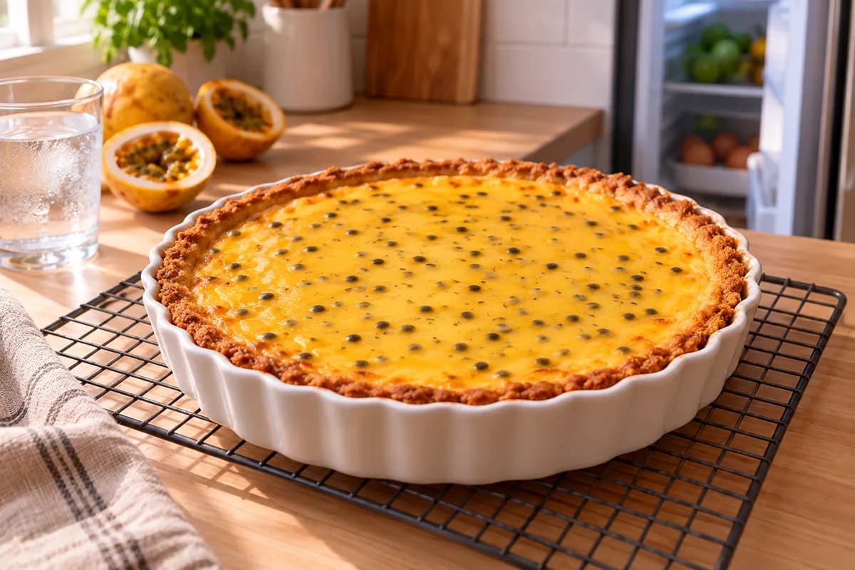 Passion fruit pie cooling before refrigerating