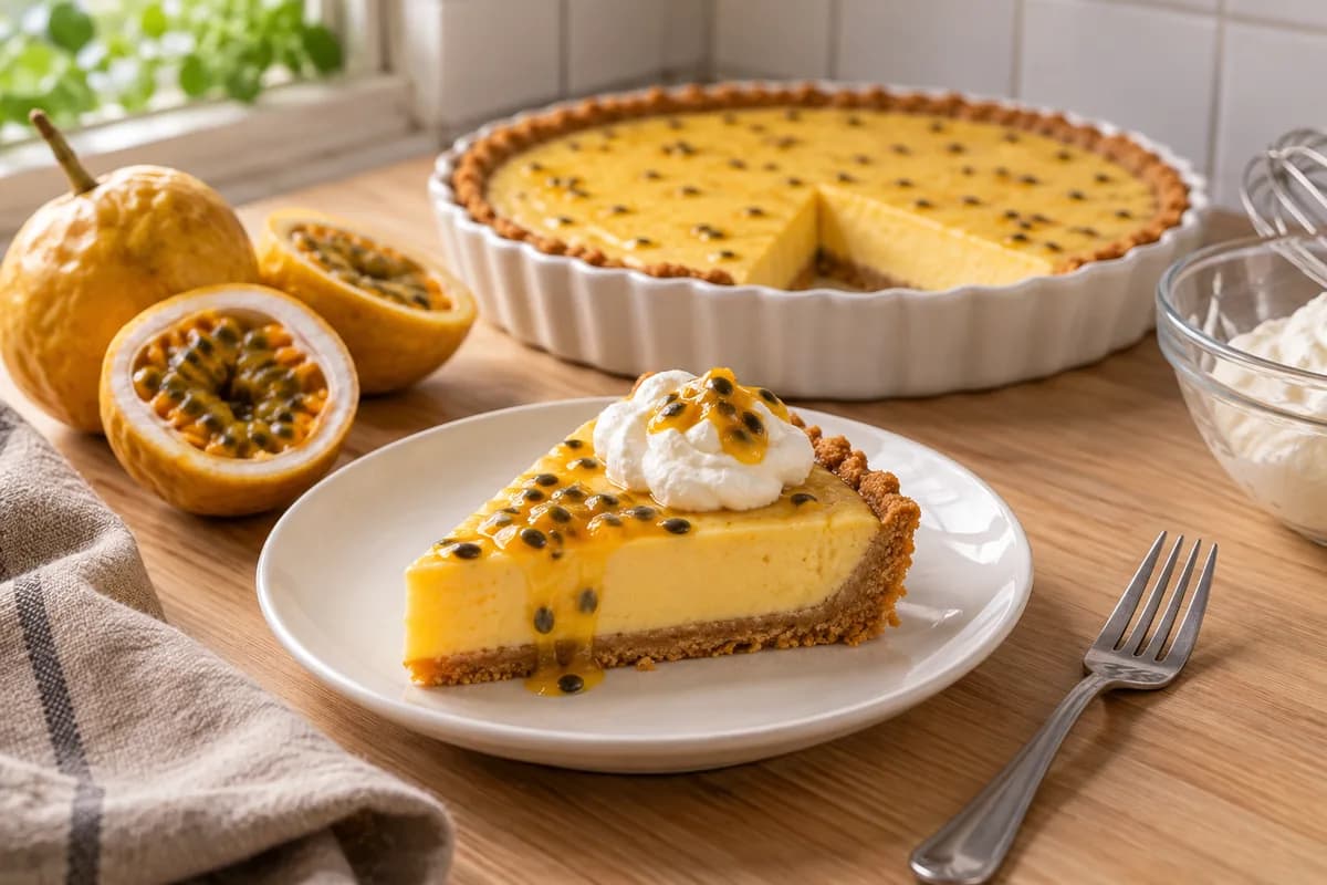 Slice of passion fruit pie decorated with whipped cream and pulp