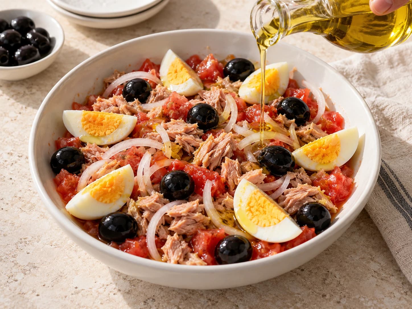 Salad dressed with olive oil and quartered hard-boiled eggs.