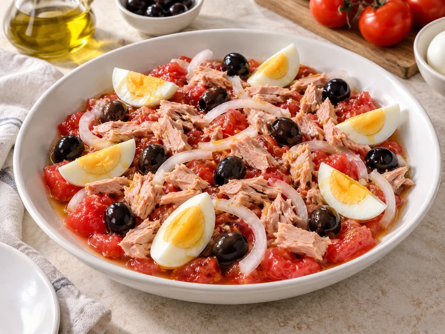 Finished Murcian pimpirrana with tomatoes, tuna, eggs and olives.