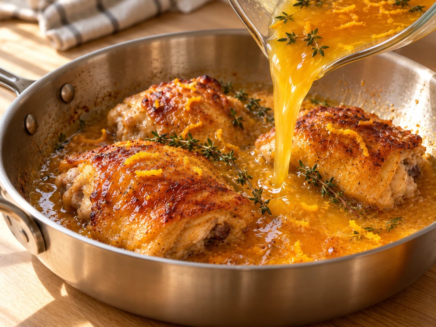 Frango com laranja: Despeje o suco, o mel e o tomilho