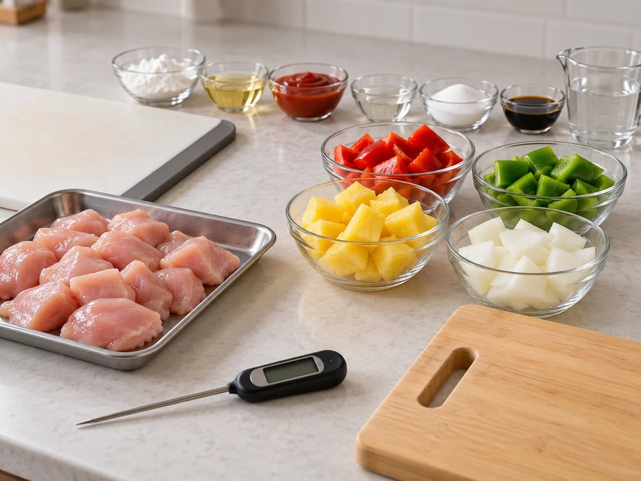 Frango agridoce na frigideira com abacaxi e pimentões: Organize e separe alimentos crus e cozidos