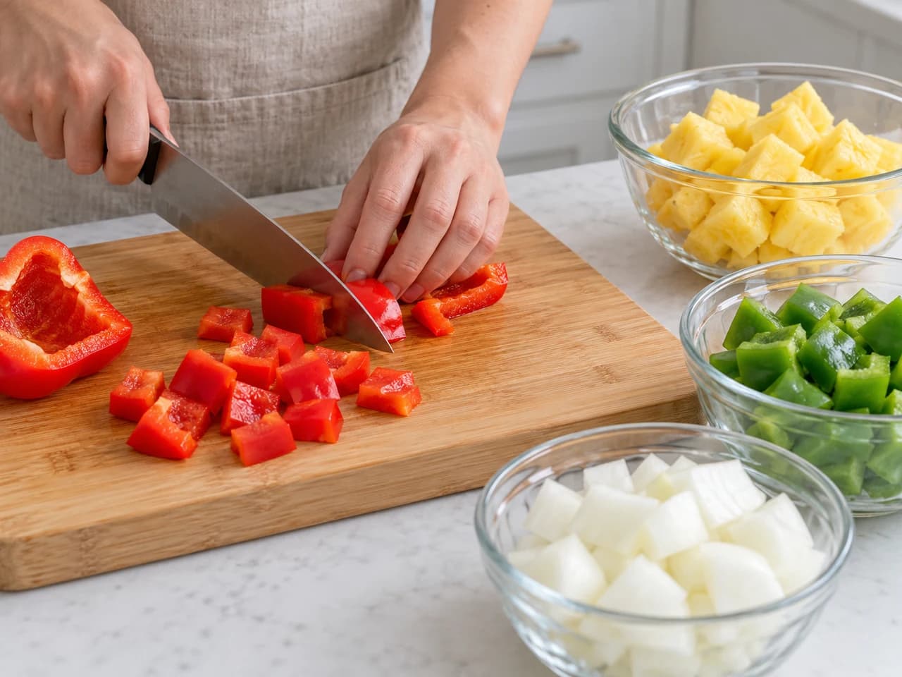 Frango agridoce na frigideira com abacaxi e pimentões: Corte o abacaxi e os legumes