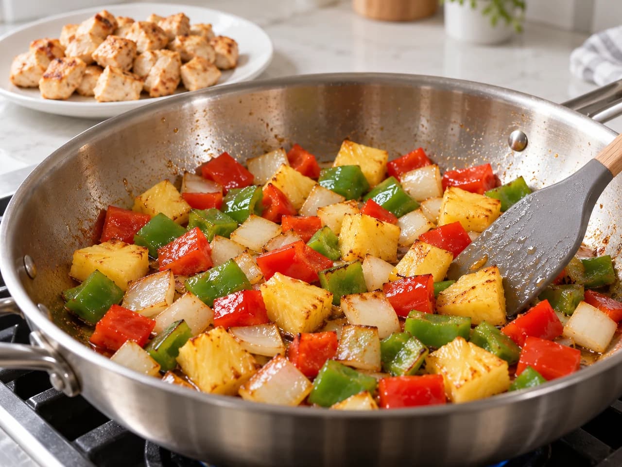 Frango agridoce na frigideira com abacaxi e pimentões: Salteie legumes e abacaxi