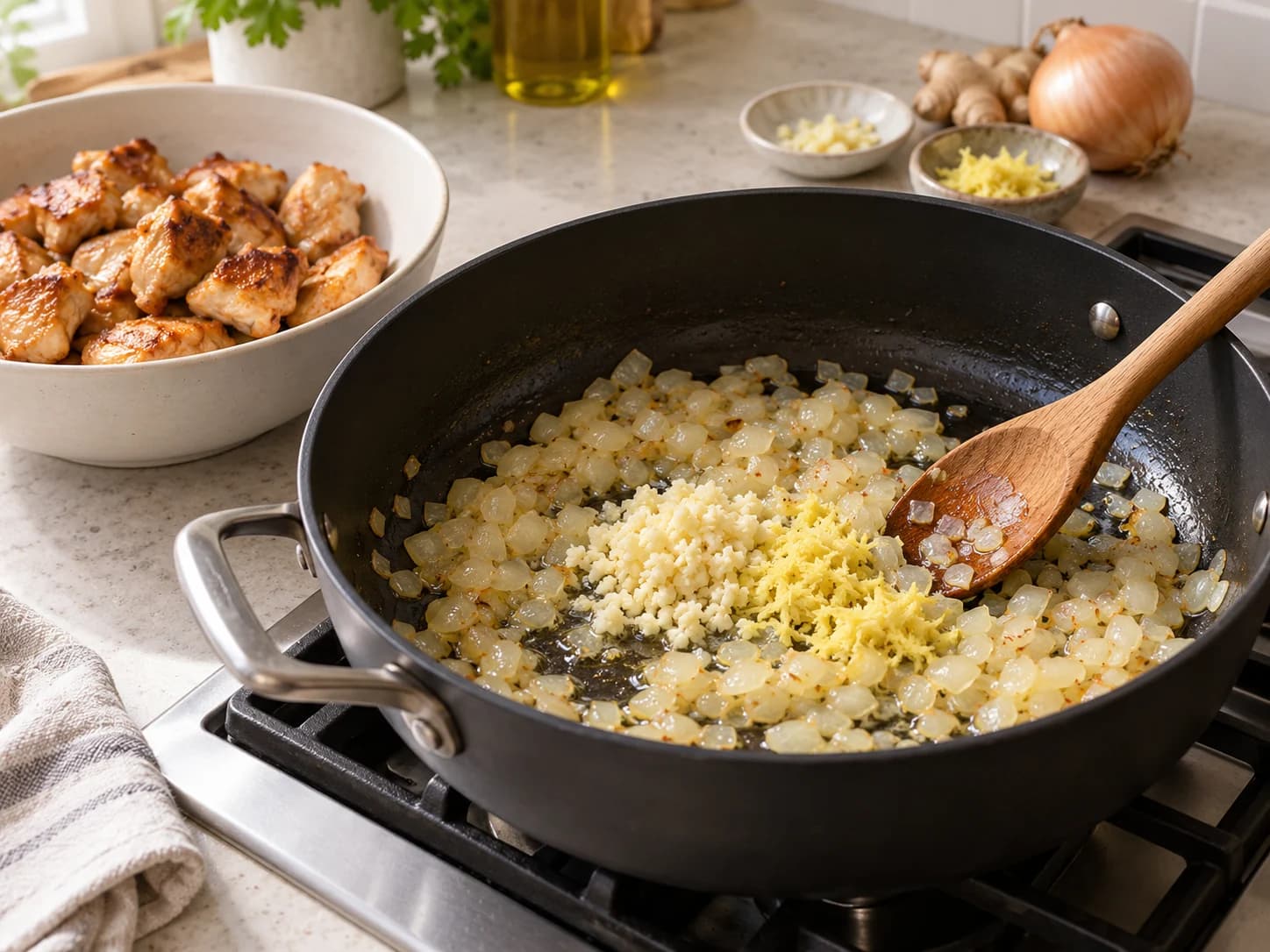 Zwiebel und Gewürzzutaten dünsten