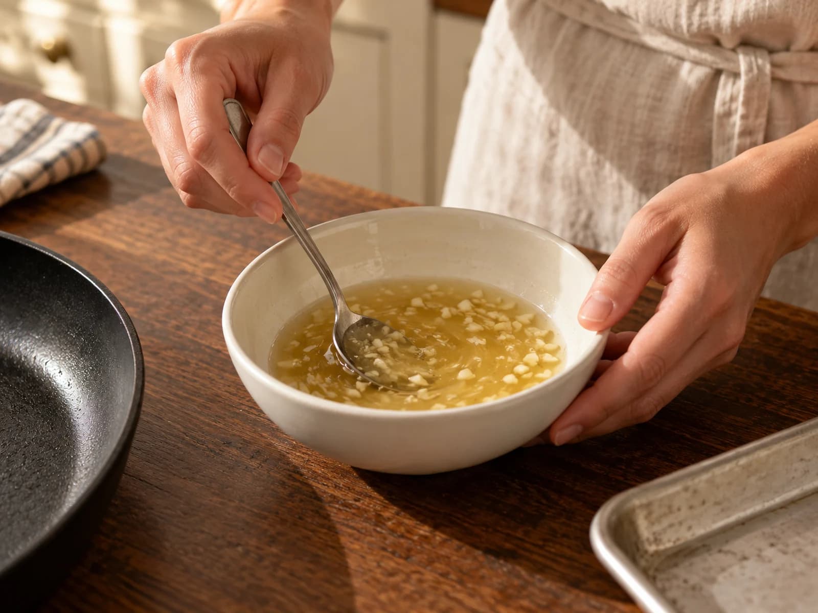 Zitronen-Honig-Knoblauch-Sauce wird ohne Kontakt mit rohem Hähnchen in einer Schüssel verrührt