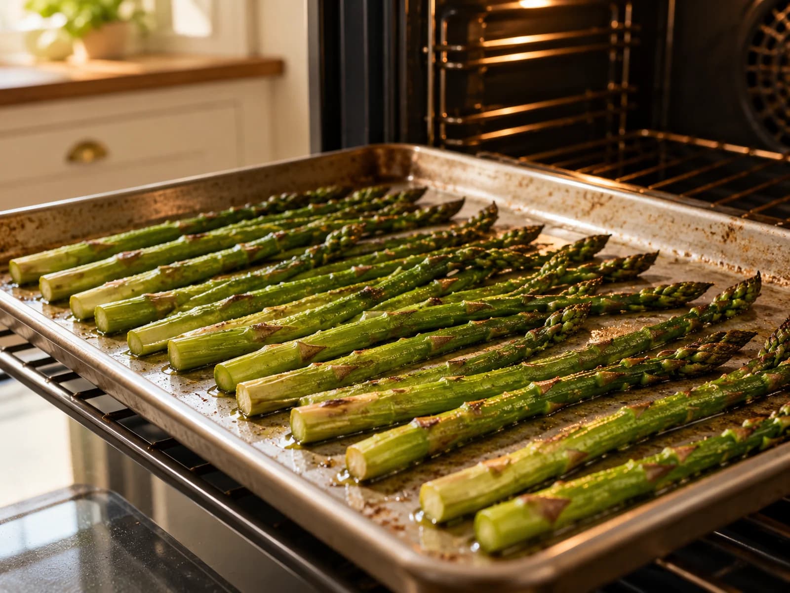 Grüner gerösteter Spargel in einer Lage auf einem Blech ohne Hähnchen