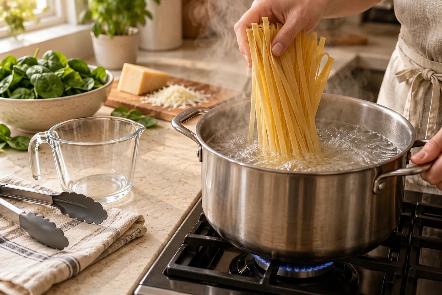 Fettuccine dans une casserole.