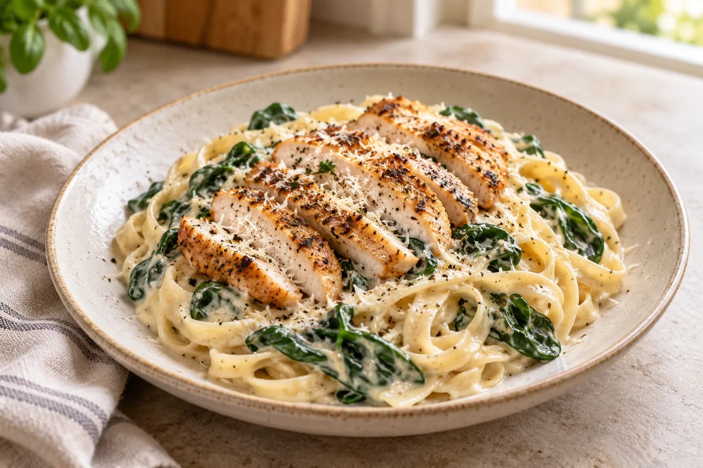 Poulet Alfredo aux épinards prêt à servir.