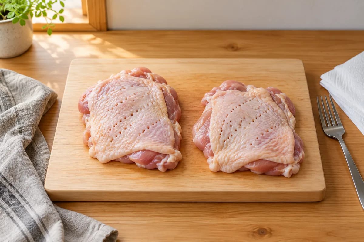 Hauts de cuisse de poulet désossés avec la peau piquée sur la planche