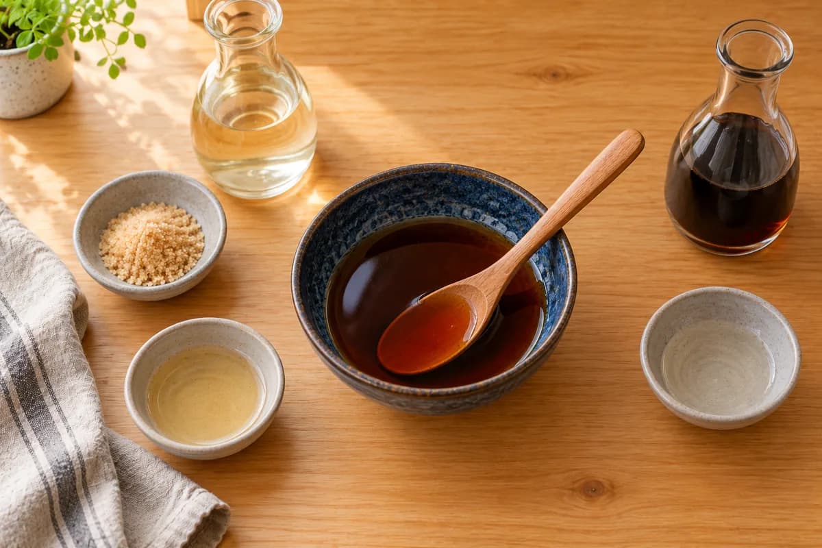 Sauce teriyaki maison à base de sauce soja, saké, mirin et sucre dans un bol
