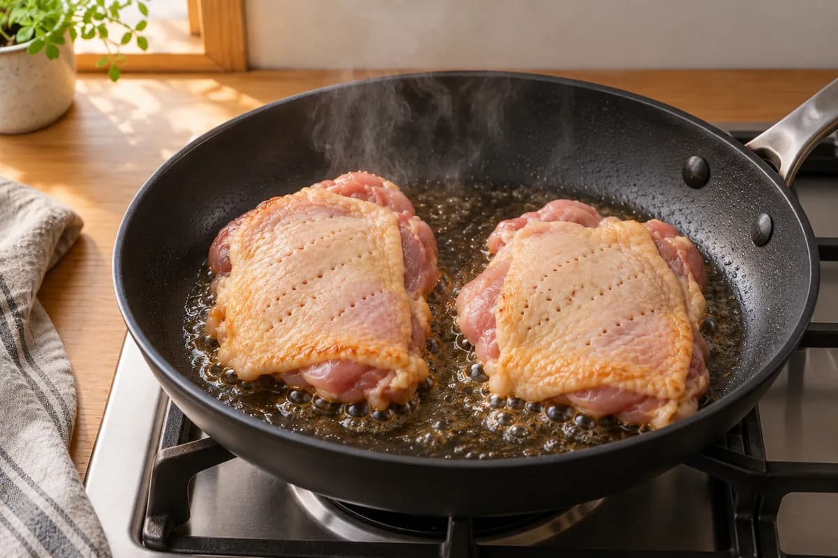 Poulet qui saisit côté peau vers le bas dans la poêle