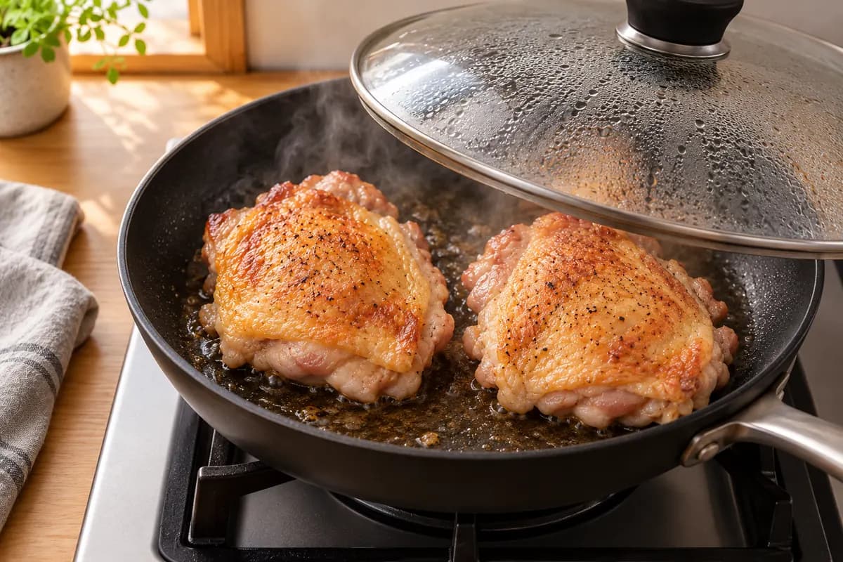 Poulet retourné et couvert pour cuire à la vapeur quelques minutes