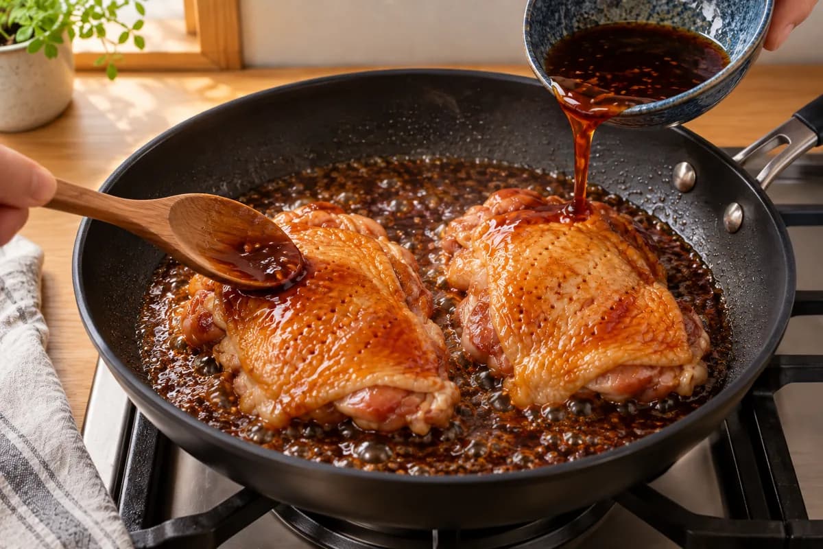 Sauce teriyaki qui bouillonne autour du poulet dans la poêle