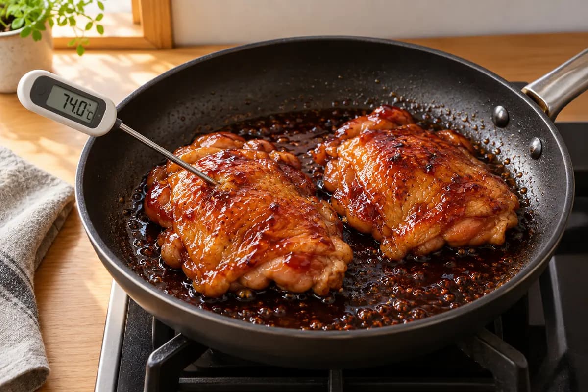Poulet glacé avec la sauce réduite et thermomètre au centre