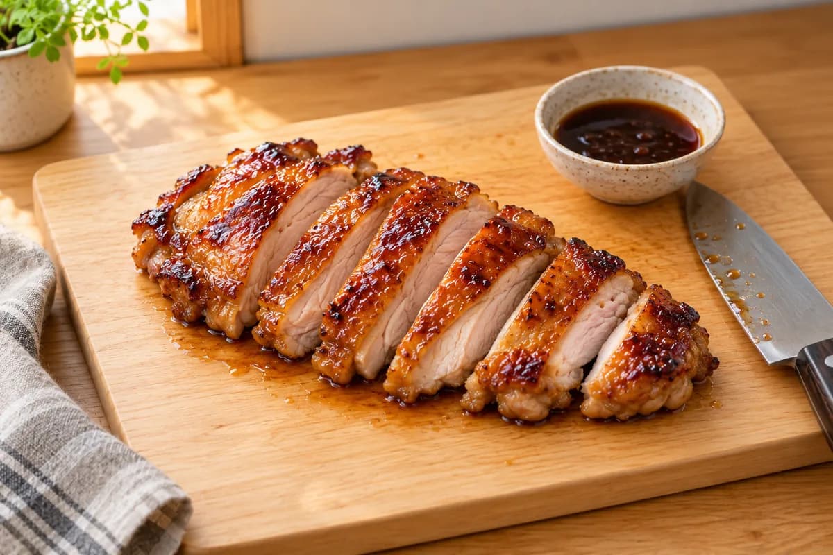 Haut de cuisse de poulet teriyaki découpé en lanières sur la planche