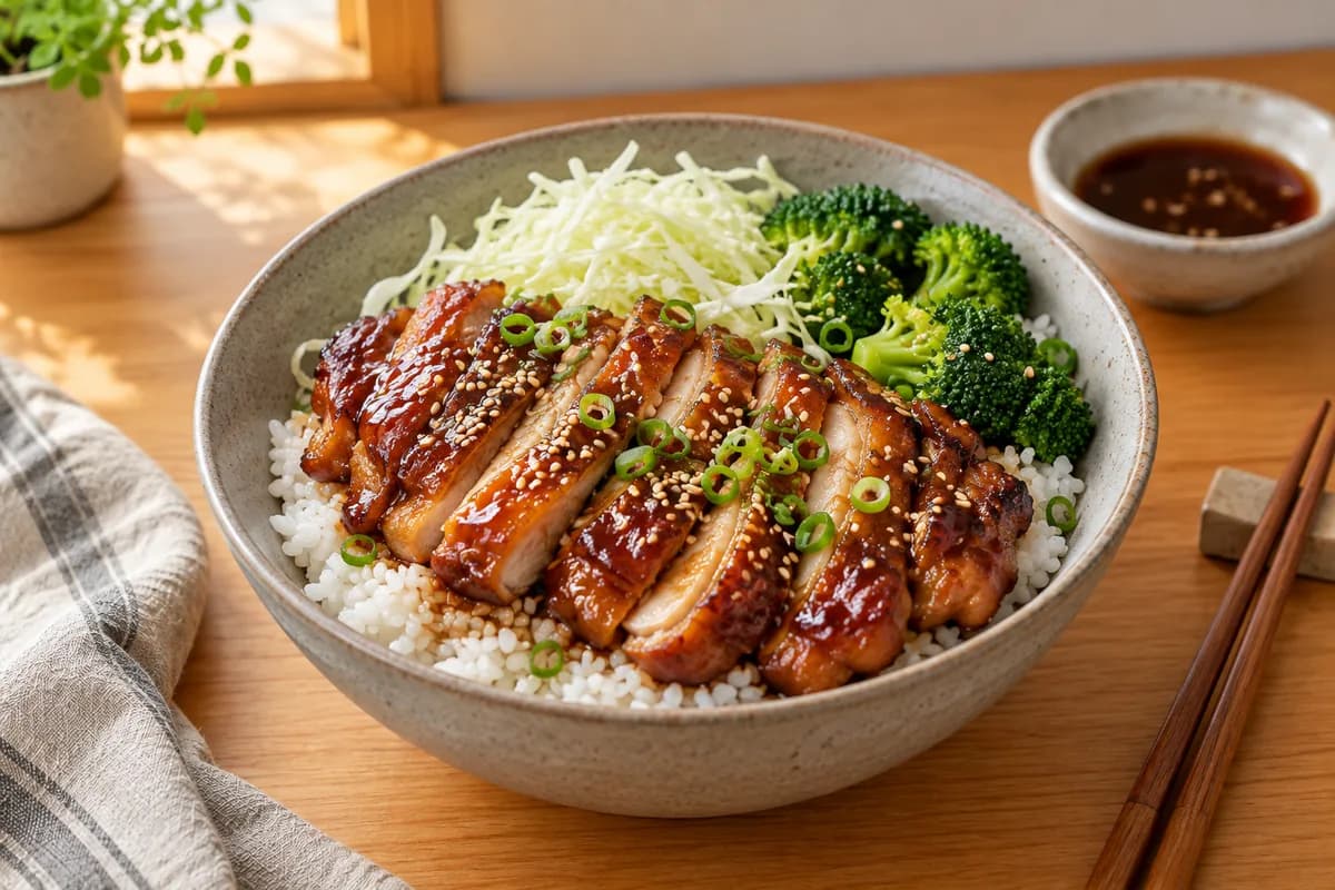 Bol de riz avec poulet teriyaki, chou, brocoli et graines de sésame