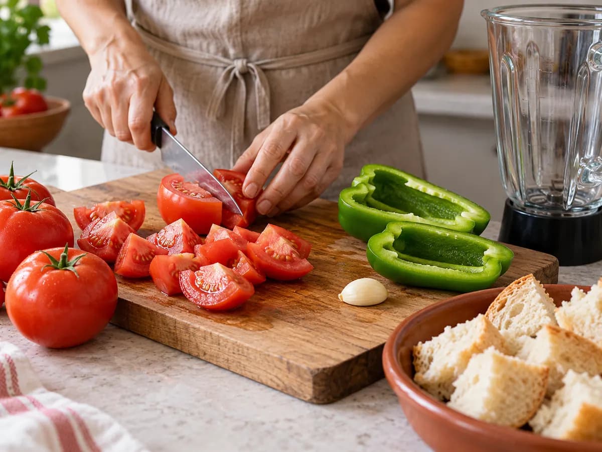 Tomates, poivron vert, ail et pain préparés.