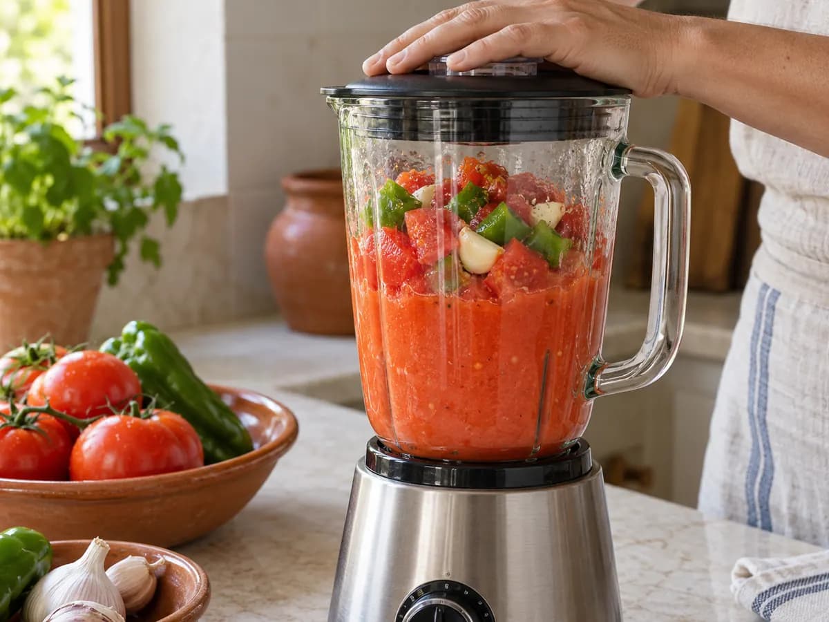 Tomates, poivron vert et ail dans un mixeur.