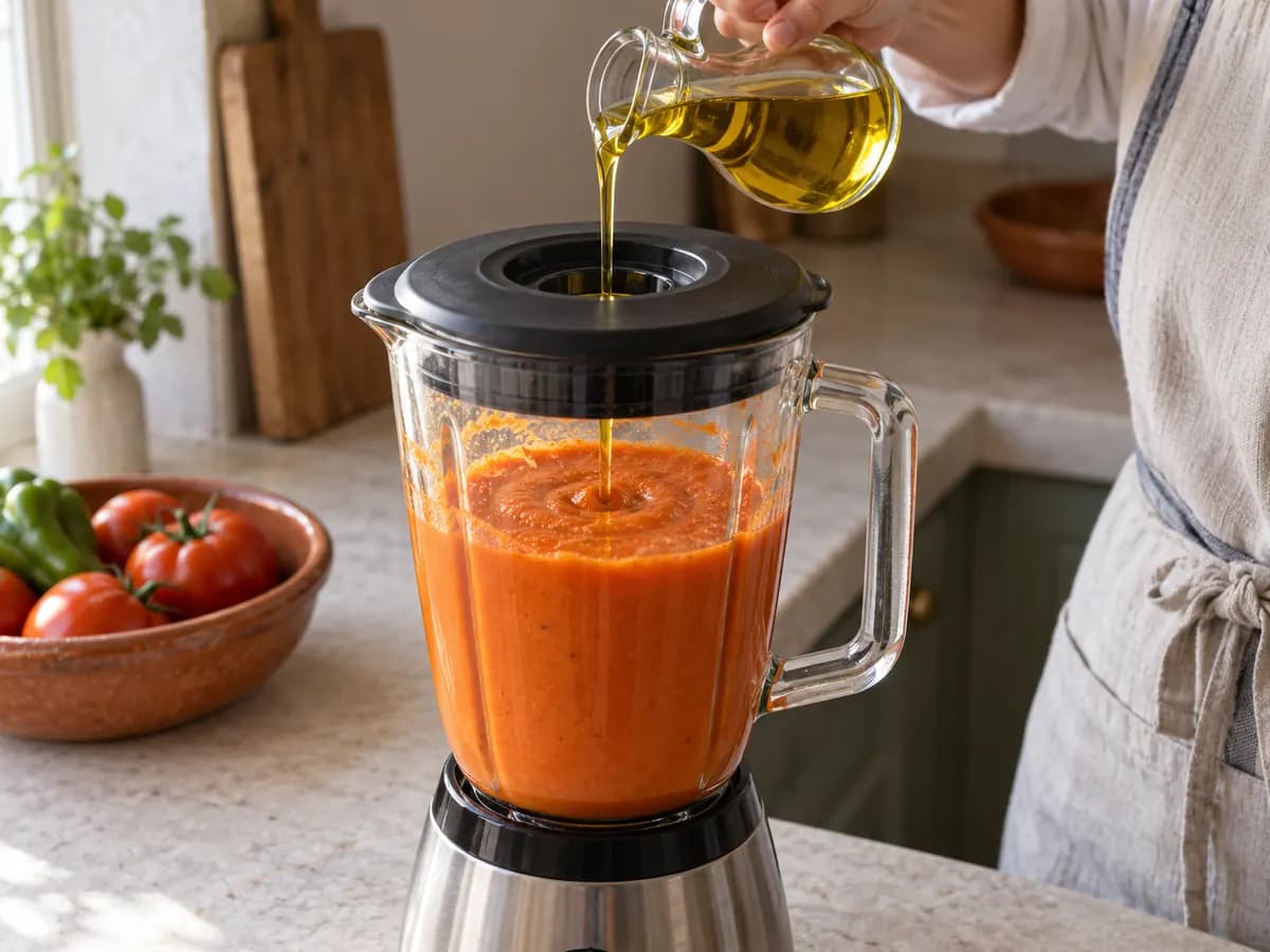 Huile d’olive incorporée à une crème de tomate épaisse.