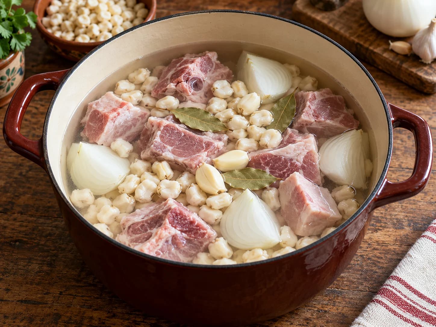 ポソレ・ロホ（メキシコ風赤い豚肉とトウモロコシのスープ）: 豚肉とトウモロコシを煮る
