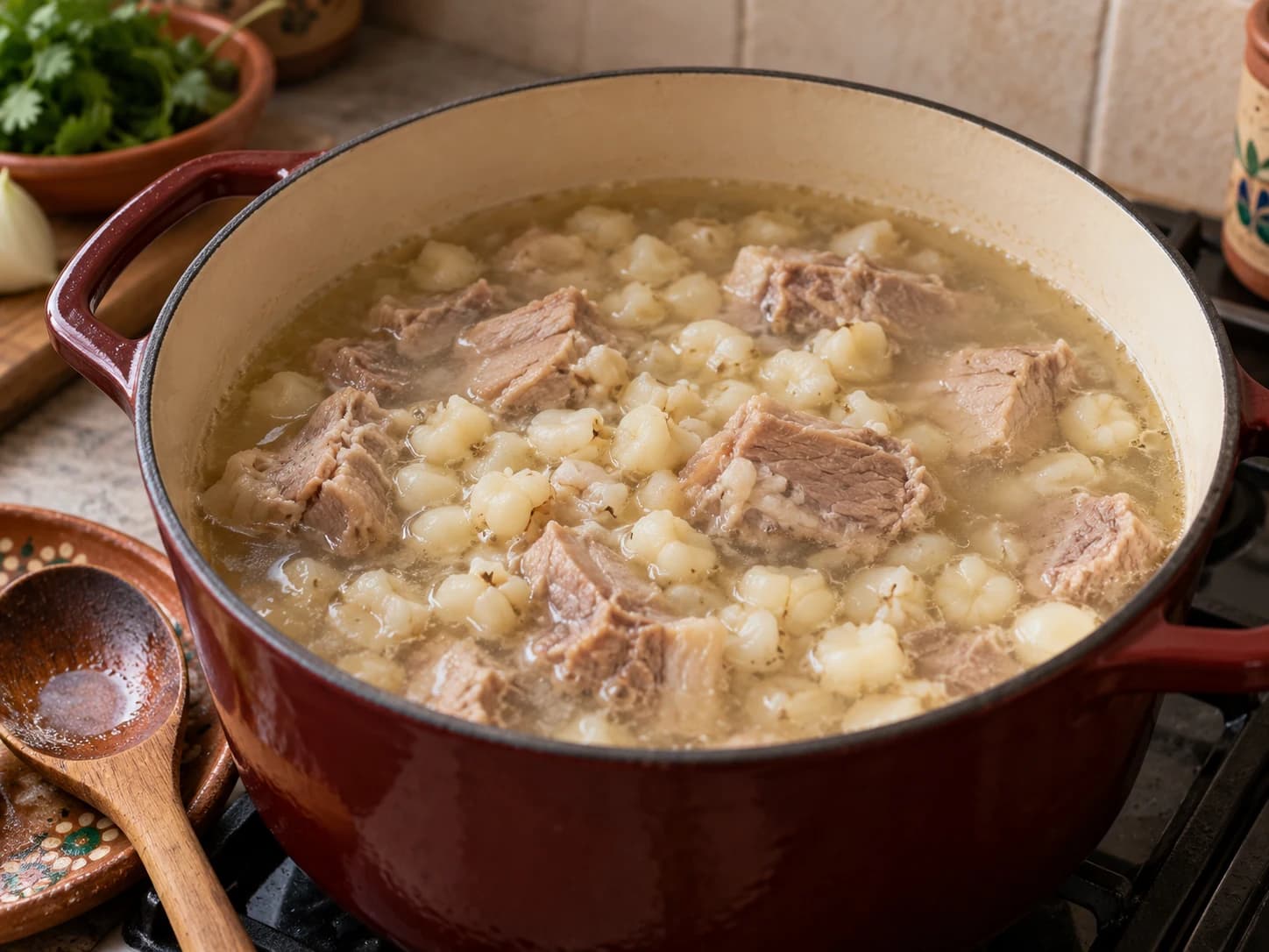 ポソレ・ロホ（メキシコ風赤い豚肉とトウモロコシのスープ）: 弱火でじっくり煮る