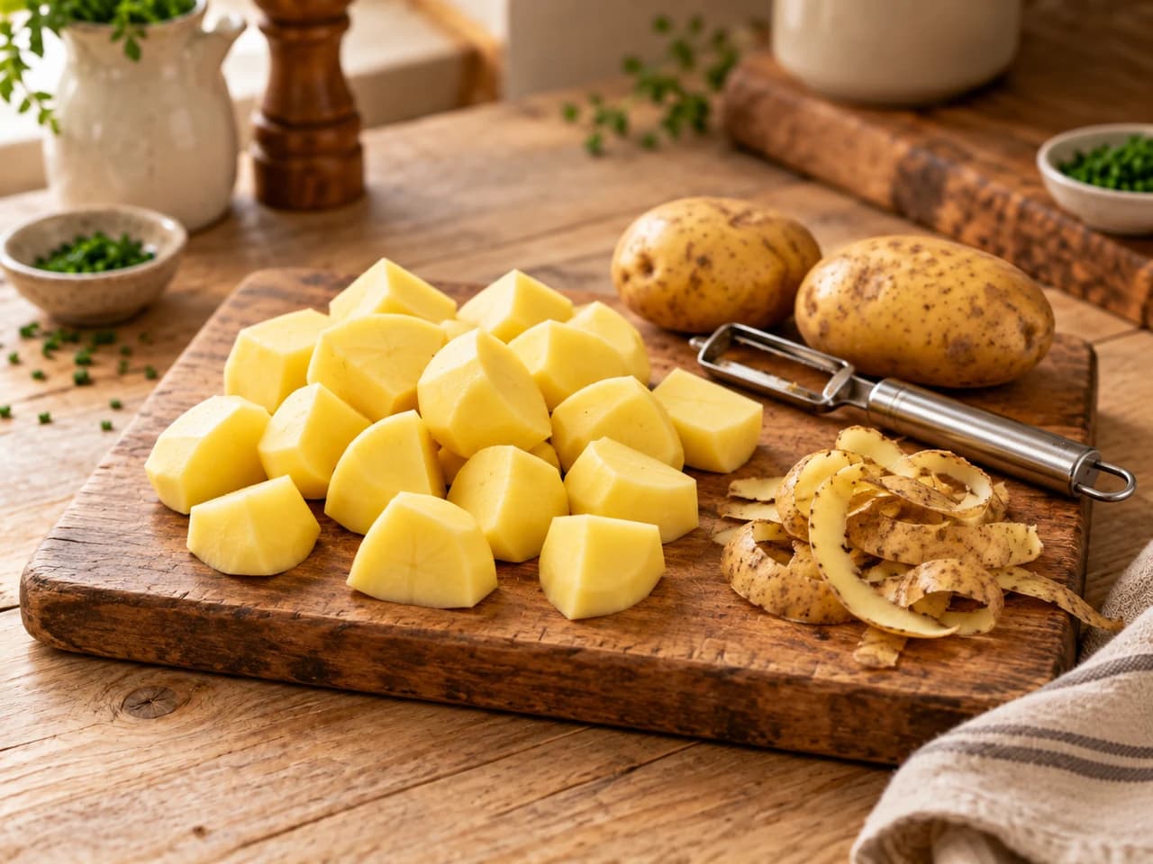 Tabla de madera con papas amarillas peladas en trozos iguales, un pelador metálico y cáscaras a un lado.