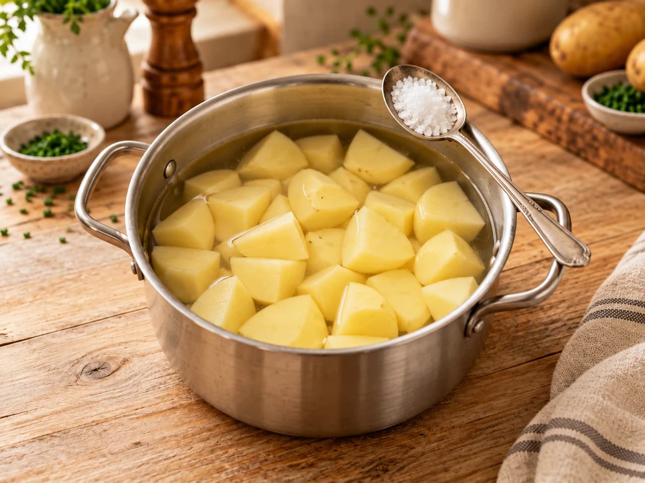 Olla de acero inoxidable con trozos de papa cubiertos de agua fría y una cuchara con sal gruesa en el borde.