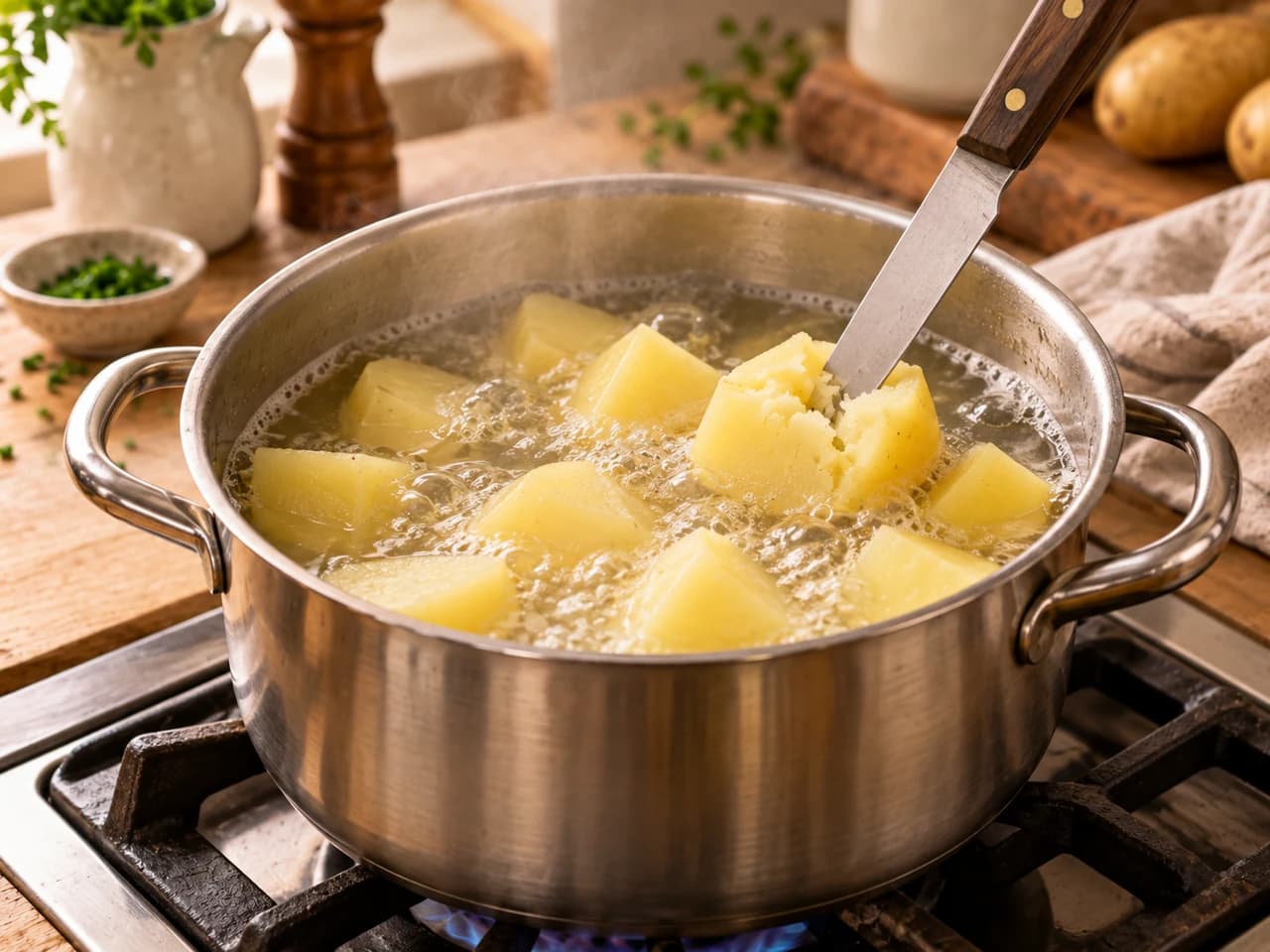 Olla con agua hirviendo y trozos de papa cocidos, con un cuchillo clavado en uno de ellos.