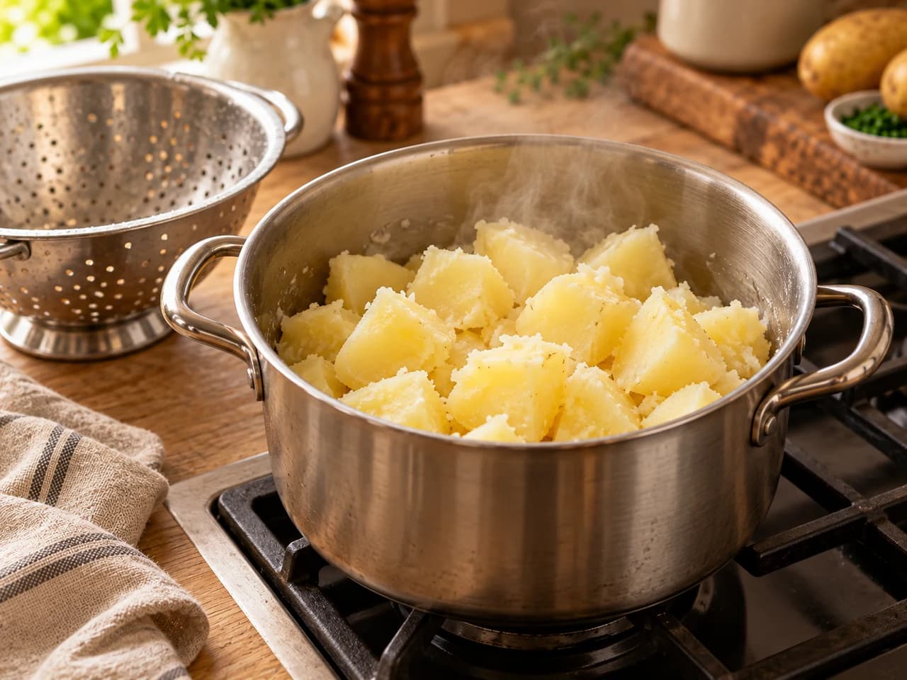 Papas cocidas y escurridas de vuelta en la olla sobre el fogón, con un poco de vapor y un colador al lado.
