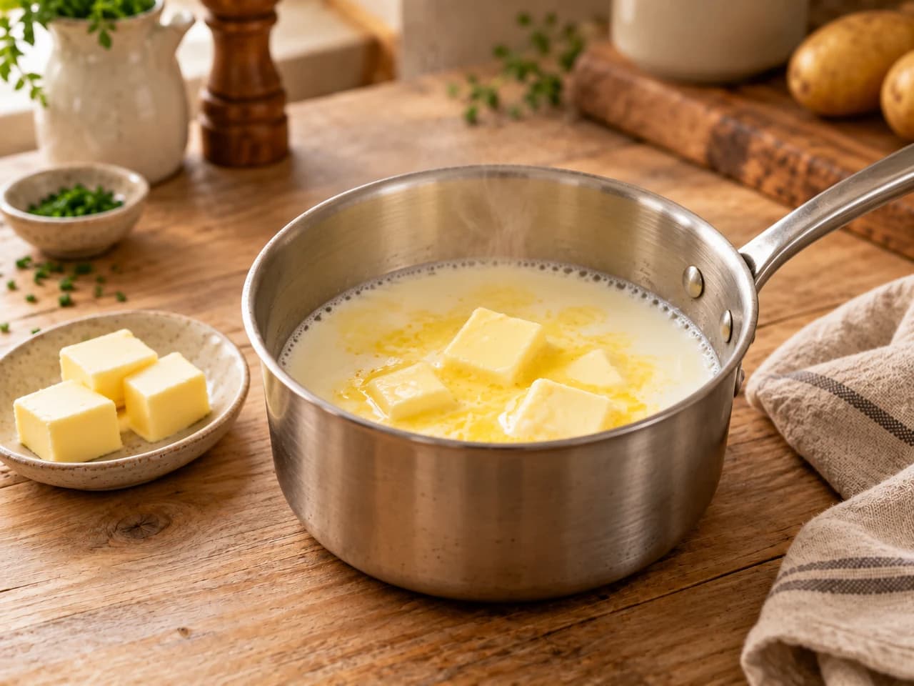 Cazo pequeño de acero con leche caliente y dados de mantequilla derritiéndose, junto a un plato con más mantequilla.