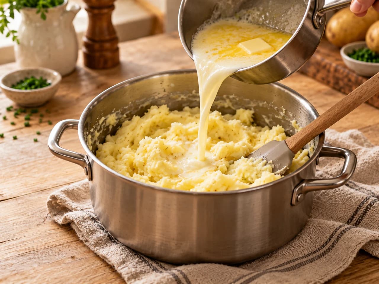 Olla con puré de papa mientras se vierte leche caliente con mantequilla y se mezcla con una espátula.