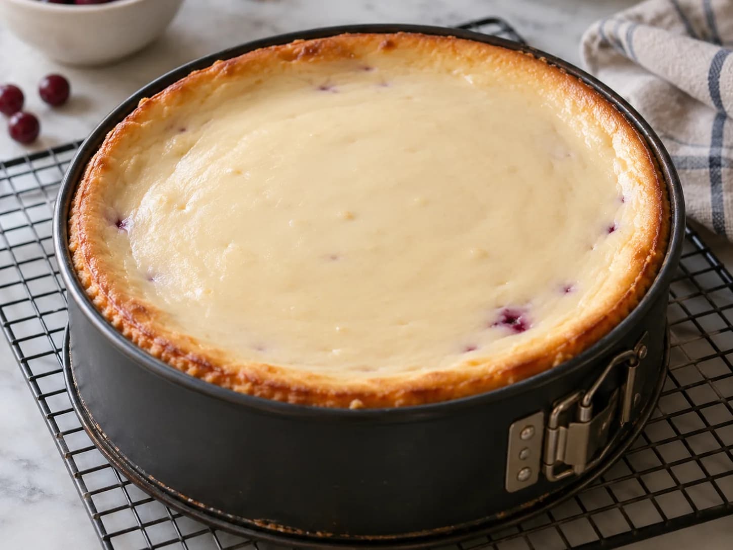 Cheesecake de agraz assado com cobertura caseira: Esfrie e refrigere