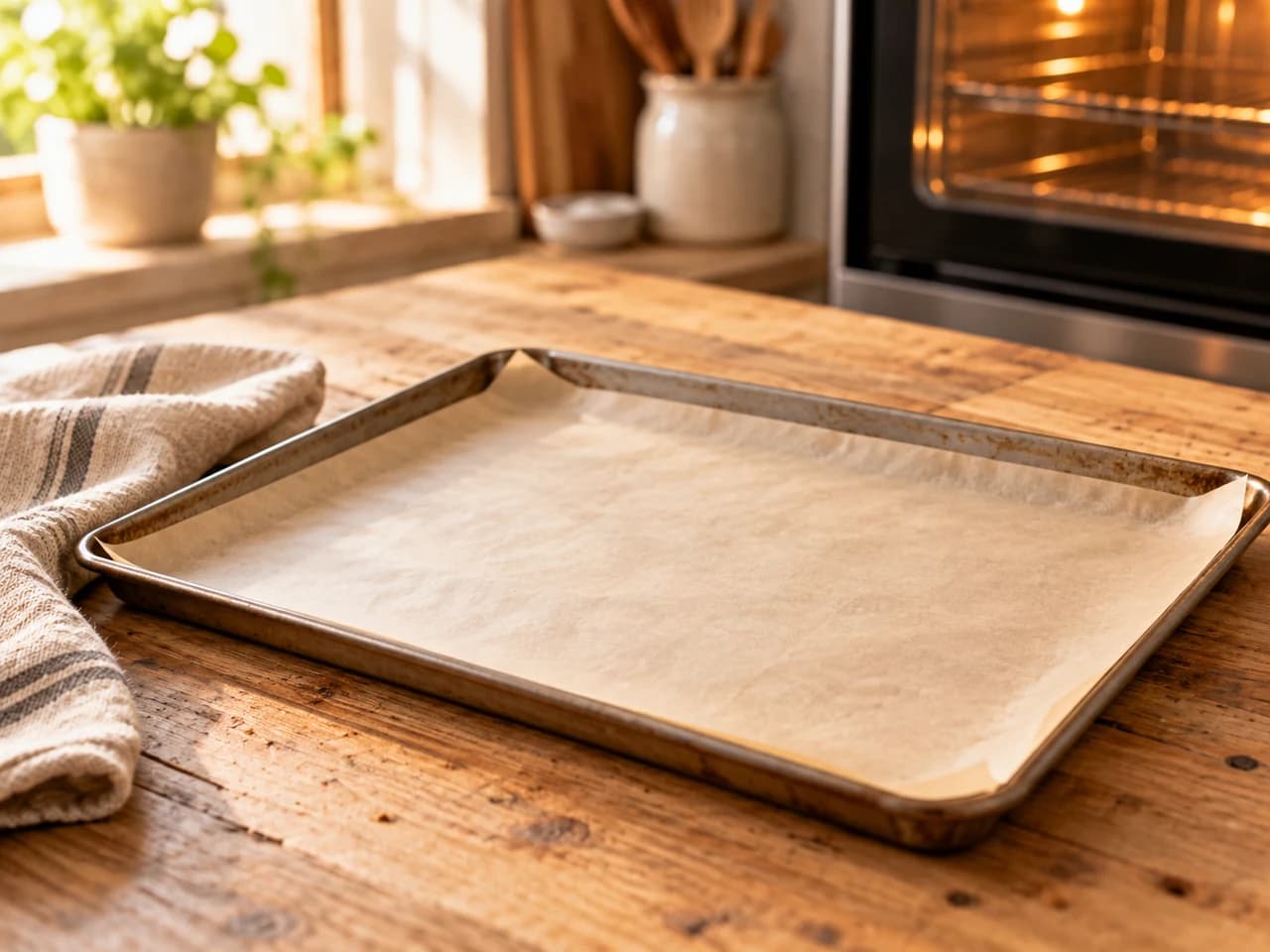 Plaque de cuisson tapissée de papier sur une table en bois, le four allumé en arrière-plan.