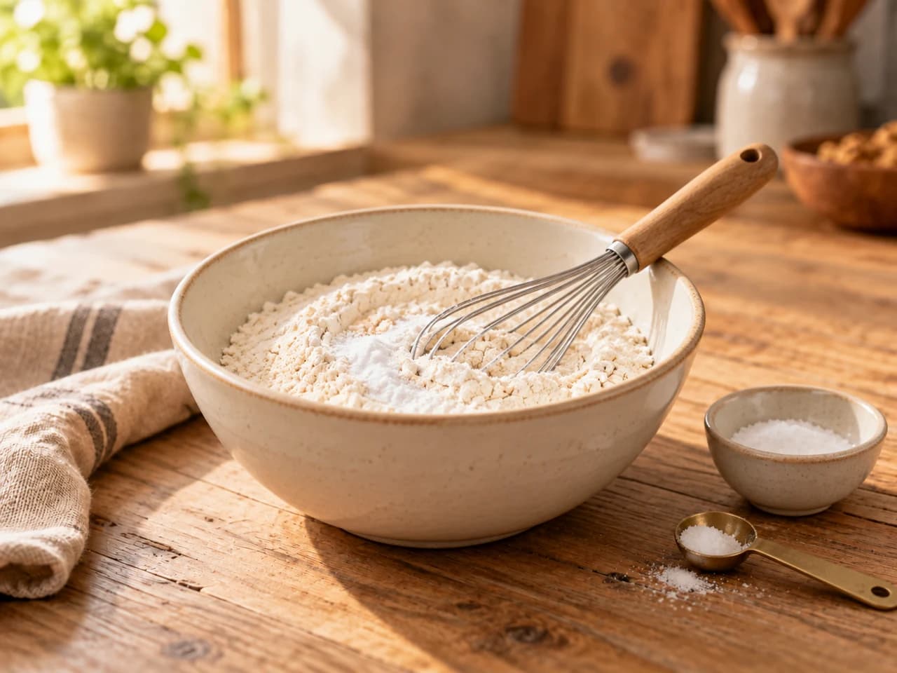 Saladier en céramique avec de la farine et un fouet, à côté de petits bols de sel et de bicarbonate.